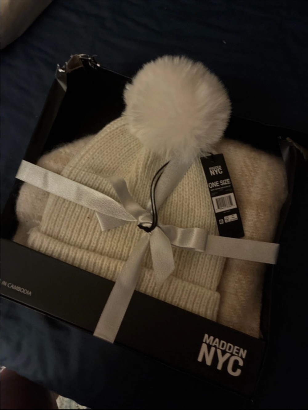 Madden NYC White Faux Fur Pom Beanie and scarf
